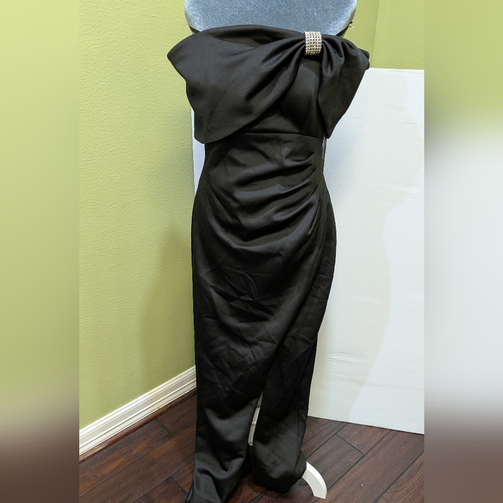 0329 Eliza J Black Off The Shoulder Maxi Long Scuba Dress Embellished Bow